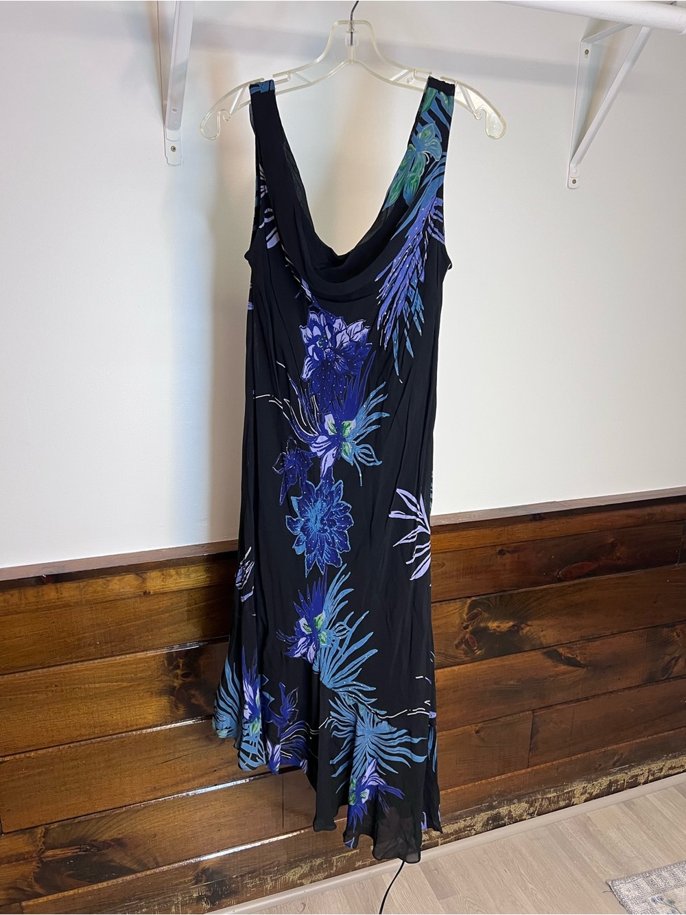 Y2K Eva Blue Black Beaded Floral Cowl Neck Women's Dress- 12